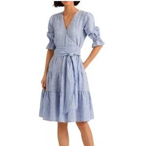 Lauren Ralph Lauren Linen Wrap Dress Blue Gingham Waist Tie Tiered Skirt Size 8